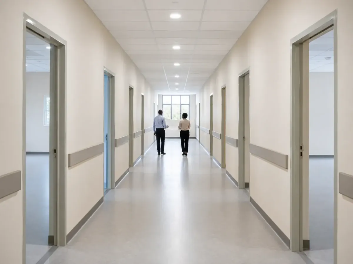 Healthcare planning team reviewing hospital facility drawings