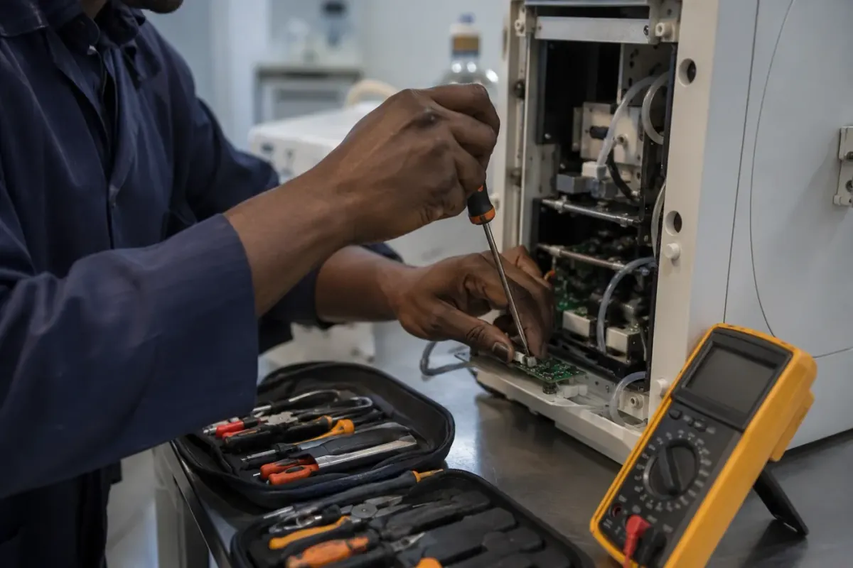Biomedical engineer servicing medical equipment