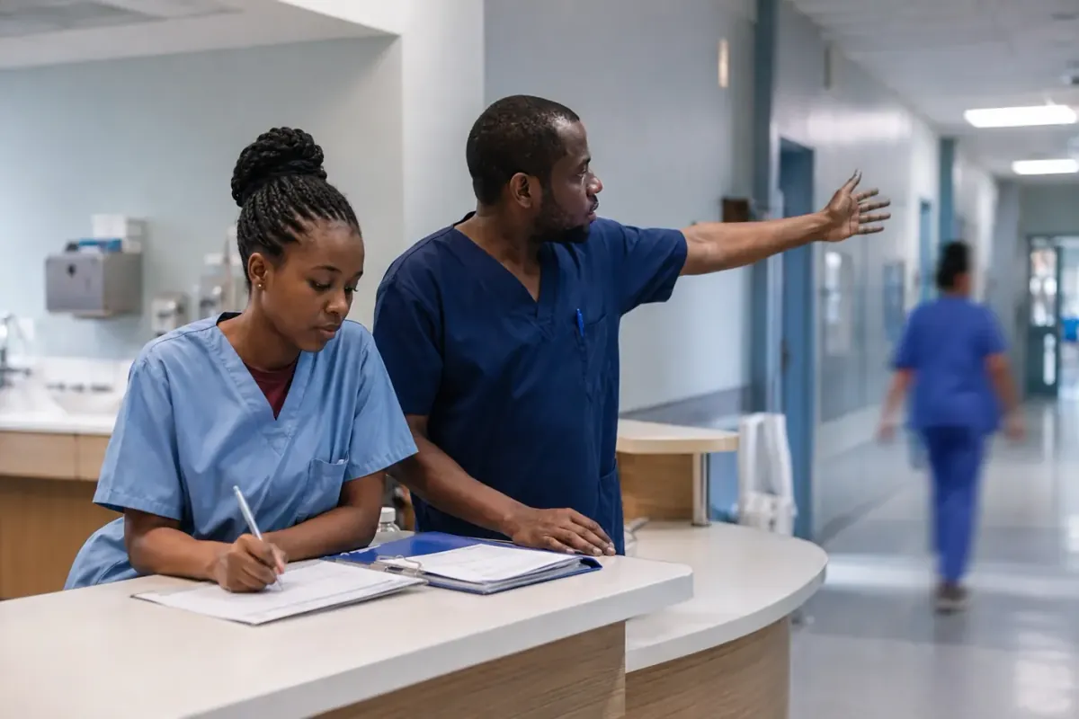 Hospital staff coordinating at a nurses' station