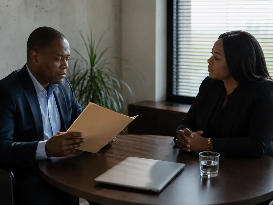 Consultants reviewing documents during a confidential healthcare business advisory meeting
