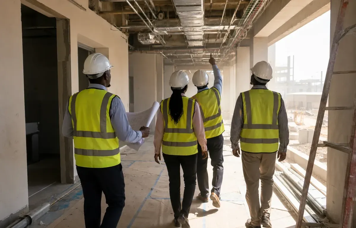 Project team reviewing progress during a hospital commissioning site visit
